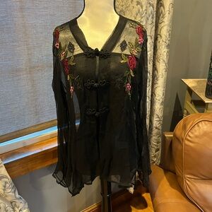 VINTAGE SHEER 100% SILK BLOUSE WITH EMBROIDERED ROSES AND KNOT BUTTONS